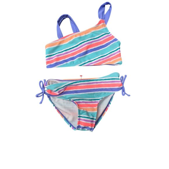 Girls Cat & Jack Striped Bikini Set With Side Tie Bottoms & One-Shoulder Top Mul - Picture 1 of 10